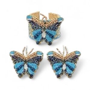 Elegant Beaded Butterfly Cuff & Earrings Jewelry Set
